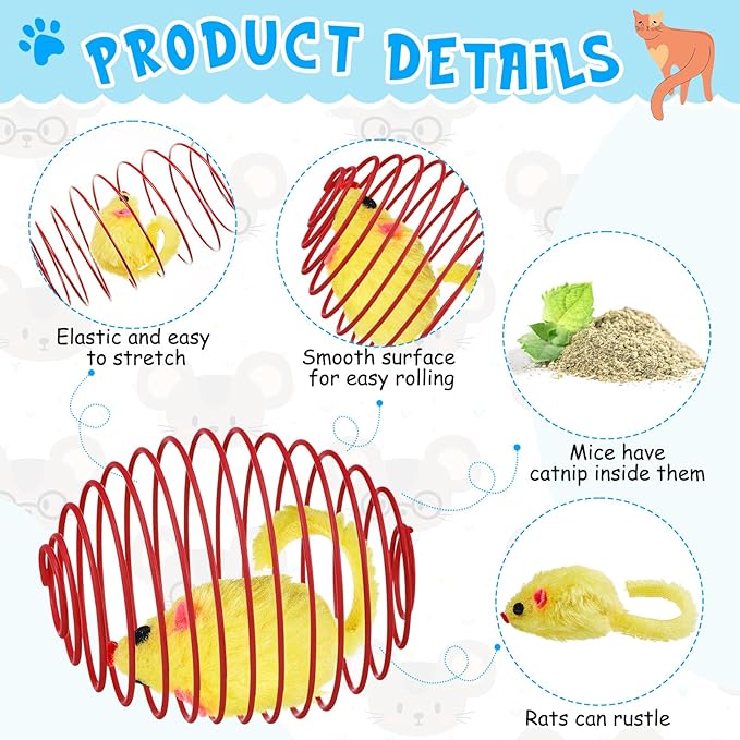 Jecery 5 Pcs Cat Spring Balls Toys Stretchable Rolling Balls Colorful Playful Coils Interactive Action Toy Caged Rats for Kitten Pet Supplies (Catnip Rats,Multicolor)