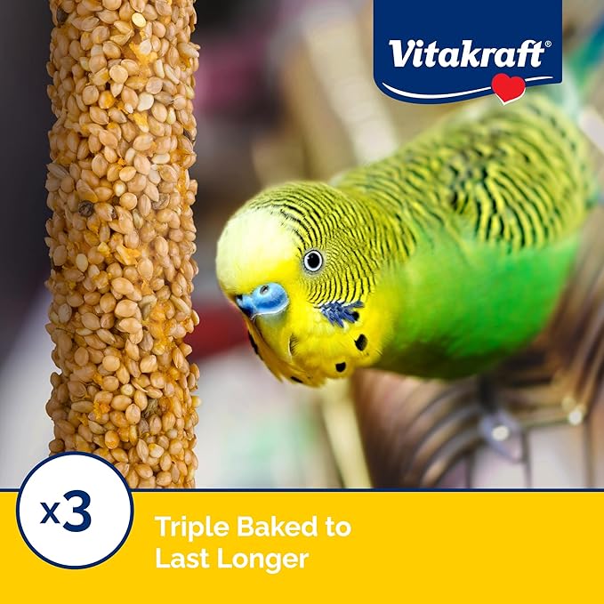 Vitakraft Crunch Sticks Parakeet Treats Golden Honey Flavor – Triple-Baked Snack with Vitamins A D3 E Riboflavin and B12 – Natural Wood Chew Center and Cage Clip Holder – Engaging 2 Stick Pack