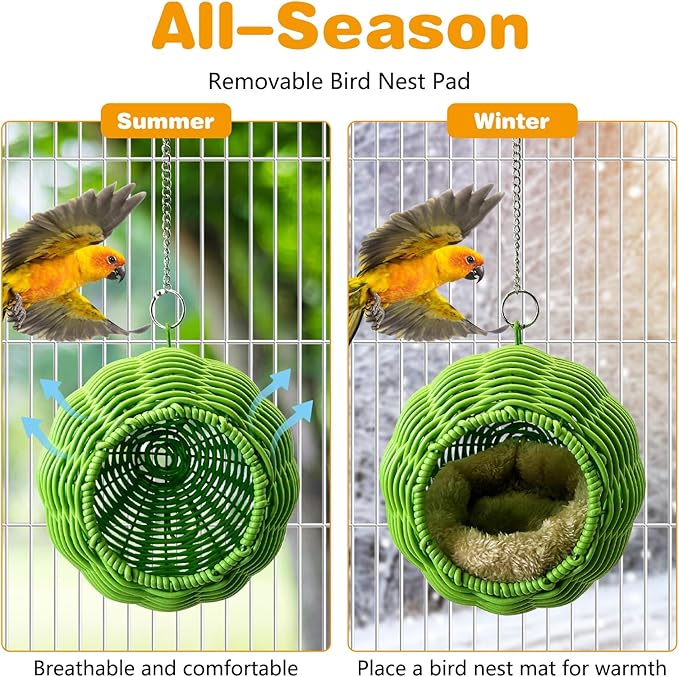 Rattan Birds Nest for Cage Hanging Parakeet House Chewproof Parrot Breeding Bed Small Budgies Hideout Swing Hut Bird Cage Accessories for Lovebirds Cockatiel Conure Finch Canary (Green)