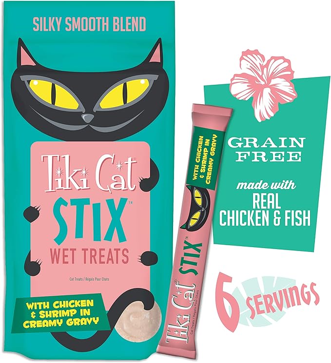 Tiki Cat Stix Wet Treats, Grain Free Lickable Mousse with Chicken & Shrimp in Creamy Gravy 6 Count (Pack of 1)