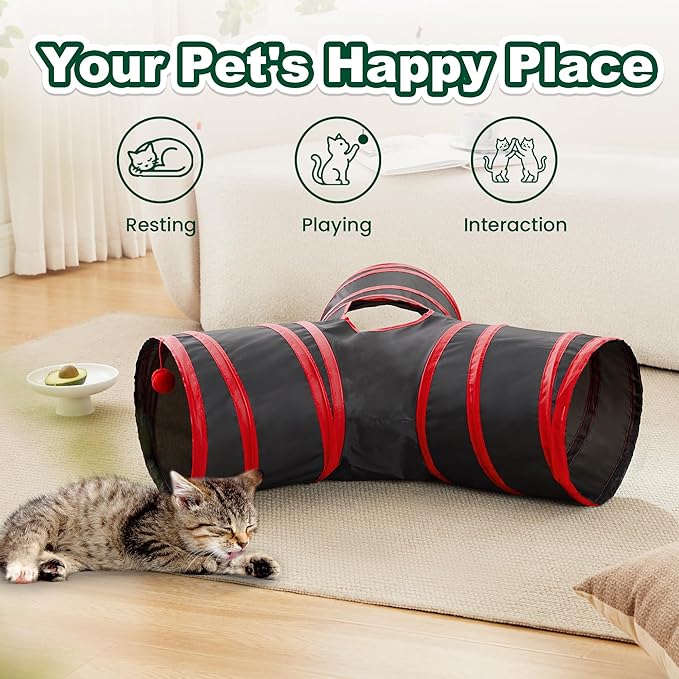 Love’s Cabin Cat Tunnel for Indoor Cats, 3-Way Collapsible Play Tunnel with Teaser Wand, Peek Holes & Toy Ball, Small Pet Toy for Kittens & Rabbits, Black & Red, Small Size