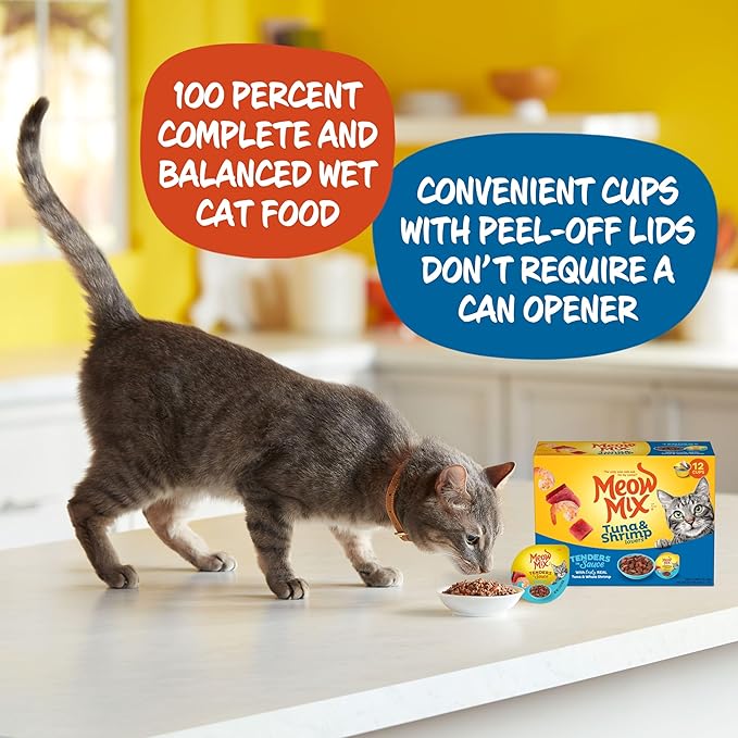Meow Mix Tenders in Sauce Wet Cat Food,Tuna & Shrimp,2.75 Ounce Cup,(Pack of 96)