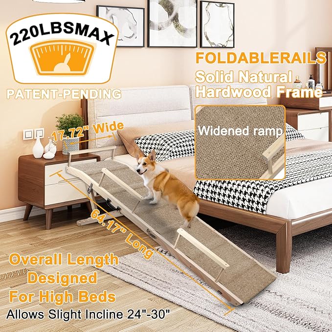 Dog Ramp for Bed, Couch & Car – Adjustable Foldable Pet Ramp, 64.17" Long, 17.72" Wide, Non-Slip Surface with Safety Rails, 8 Heights 20.08"-28.35", Supports 220 lbs, Solid Wood (Wood, 17.72)