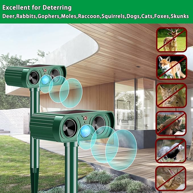 2 Pack Solar Ultrasonic Animal Repeller 2026 Waterproof Deer Repellent Devices Flashing Light Deterrent for Rabbits,Dogs, Raccoons, Cats,Rodents, Skunks, Squirrels,Yard Garden Outdoor
