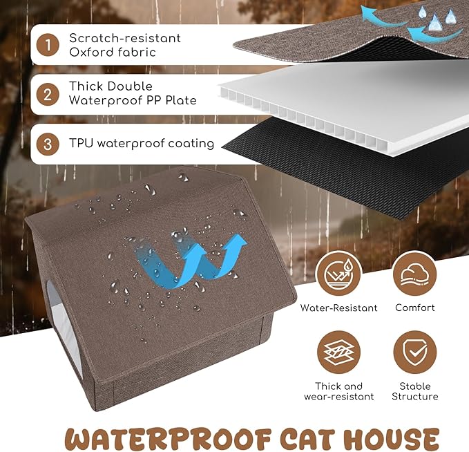 Outdoor Cat House Weatherproof, Insulated Cat Dog Houses for Outdoor/Indoor Cats for Winter, Waterproof Feral Stray Cat Shelter with Door Curtain and Warm Cushion, Easy to Assemble, Brown