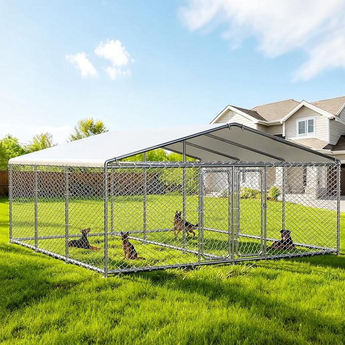 15x15 FT Large Outdoor Dog Kennel – Heavy-Duty Dog Enclosure with Wire Mesh Fence, Lock & Waterproof Cover, Double Doors for Large Dogs