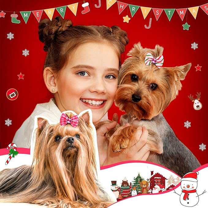 Tondiamo 100 Pieces Pink Valentine Dog Hair Bows with Rubber Bands Red Purple Rhinestone Puppy Grooming Topknot Bow Candy Tree Santa Reindeer Pet Hair Accessories for Small Girl