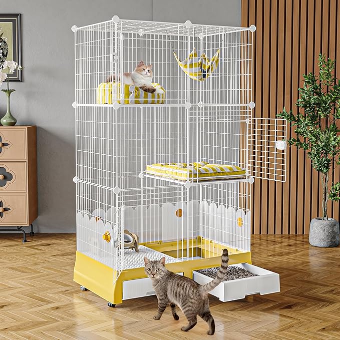 Oneluck Large Cat Cage On Wheels,Cat Enclosure with Litter Box Ideal for 1-3 Cats,Catio 35.5" L x 21.6" W x 62.2" H,Kennel for Cats
