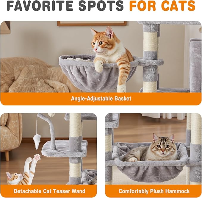 Sweetcrispy 71 inch Cat Tree Tower, Large Multi Level Cat Climbing Tower with Condo, Natural Sisal Scratching Posts, Platform, Hammock, Basket, Tall Pet Tree House for Indoor Cats Play, Light Grey