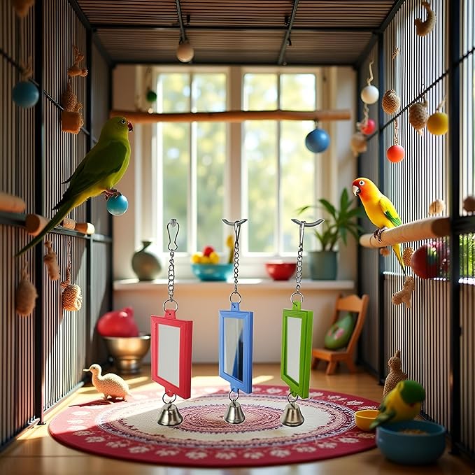 1Pc Random Color Pet Bird Mirror with Bell Interactive Parrot Toys for Budgies Parakeets Conures, Pet Supplies