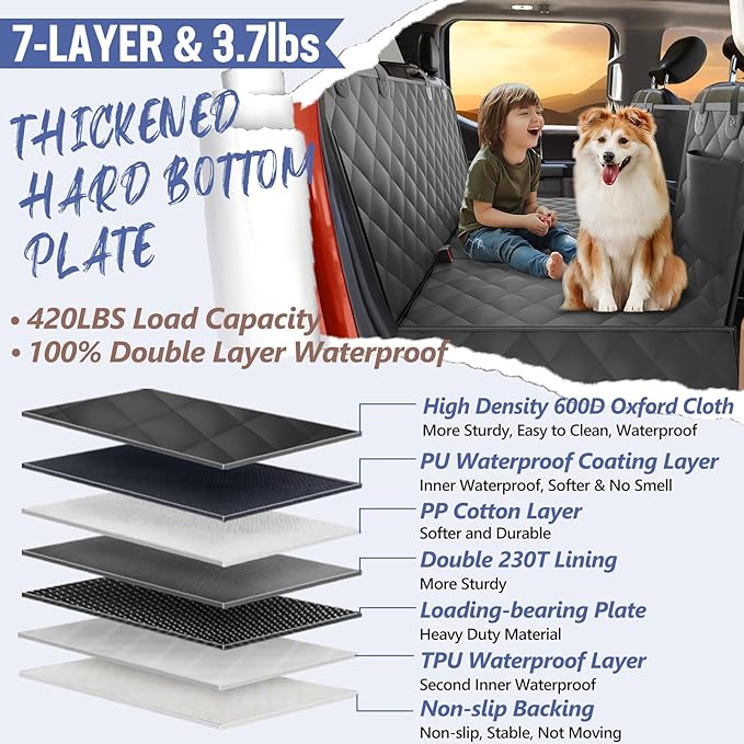 Back Seat Extender for Dogs Truck-Large Space, Dog Pet Seat Cover Back Seat Hard Bottom Holds 420lbs, Waterproof Dog Hammock for Crew Cab Trucks F150, RAM1500, Sierra, Tundra, Silverado