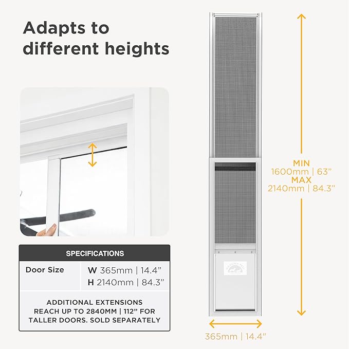 Hakuna Pets V2 Patio Pet Door Screen Insert Panel for Sliding Doors, Fits Door Track Min Ht 62.99" to Max Ht 84.25",UV Resistant Mesh, Locking Magnetic Dog Door, Easy Install and Removal, Large, White
