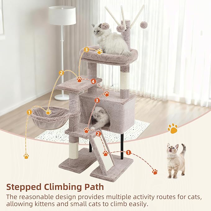 Cat Tree for Indoor Cats, Cat Tower with Scratching Post for Small Cats and Kittens, Cat House with Removable Top Platform and Fluffy Balls, Hanging Cat Basket, Mushroom GCT006SMU