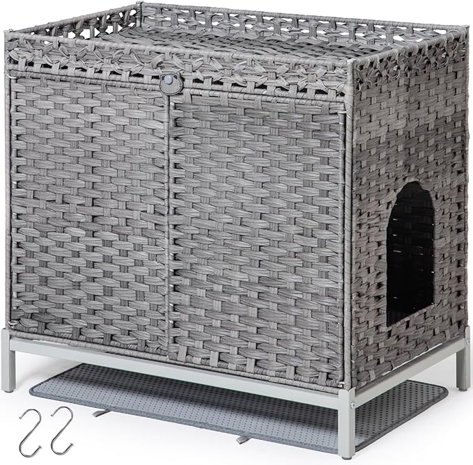 Cat Litter Box Enclosure Furniture, Hidden Handwoven Rattan Litter Box with Mat, Large Cat House with Metal Heightened Feet, 30.3 x 18.3 x 28 Inches, Indoor for Living Room, Bedroom Gray
