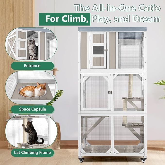 Catio Outdoor Cat Enclosure with Wheels & Weatherproof Roof, Large 63" Window Catio with 3 Platforms, Acrylic Dome, Portable Kitty House for Indoor Cats