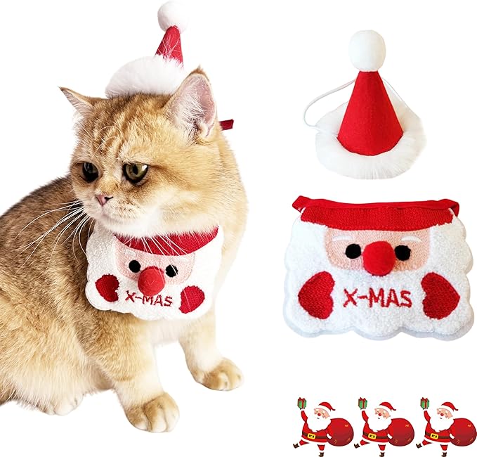 Cute Pet Christmas Costume Bandana Scarf Bib and Hat Set for Cat Small Dog, Cat Christmas Outfit Party Holiday Decorations(Red)