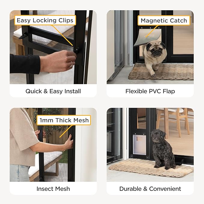 Hakuna Pets V2 Patio Pet Door Screen Insert Panel for Sliding Doors, Fits Door Track Min Ht 55.12" to Max Ht 84.25",UV Resistant Mesh, Locking Magnetic Dog Door, Easy Install and Removal,Small,Black