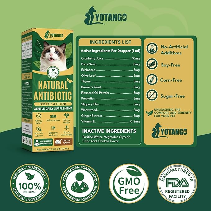 YOTANGO Natural Antibiotics for Cats, Cat Antibiotics for UTI & Itch Support, Immune, Digestive, Allergy, Skin & Coat Support for Cats and Kittens, for All Ages & Breeds (Chicken Flavor-60ml 2 Pack)