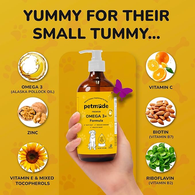 Omega 3 Fish Oil for Dogs Skin and Coat - Wild Alaskan Pollock Oil for Itchy Skin- Omega 3 Fatty Acids - Vet Approved Liquid EPA & DHA Supplements - with Zinc, Vitamin C, B2, B7 & E - 16 Fl Oz
