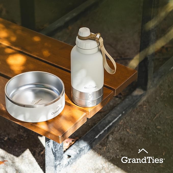 GrandTies Insulated Portable Water Bottle with 2 Detachable Dog Bowl Dispenser | Leak-Proof Food Travel Container | Walking, Hiking, Camping (64oz, Ivory White)