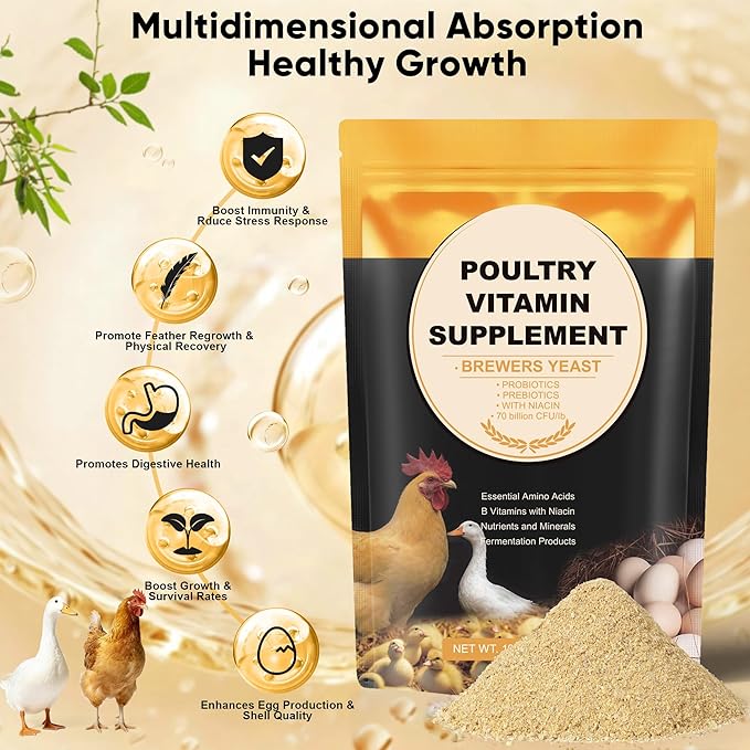 Chicken Vitamins and Supplements Brewer's Yeast Probiotics Niacin Vitamins Supplement for Chickens Ducks, Brewers Yeast Powder for Poultry, Molt Recovery, Severe Stress