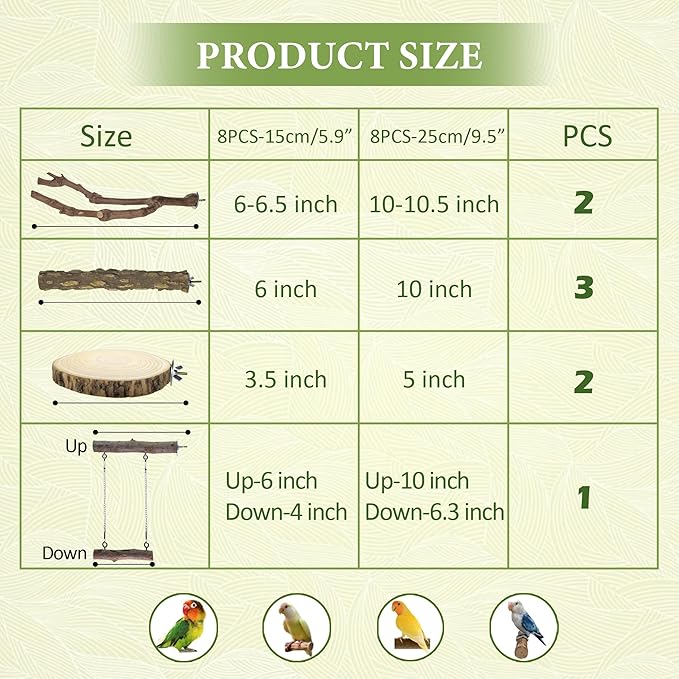 8pcs Bird Perches for Cage, Natural Wood Bird Perch for Parakeet/Cockatiel, 9.5“ Medium Bird Cage Stick, Bird Branches for Cages, Birdcage Accessories for Parrot Conure