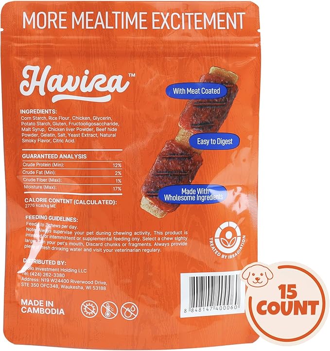 Havira BBQ Dog Treats Single Rib 15 Count, Grill-Shaped Rawhide Free Dog Chews Bone, Easily Digestible, for All Life Stages
