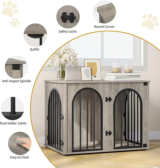 31.5'' Wooden Dog Crate Furniture, Indoor Dog Kennel Dogs Cage for Small/Medium Dogs, Heavy Duty Dog Crates Decorative Pet House End Side Table TV Stand, Greige Black DFC85105B