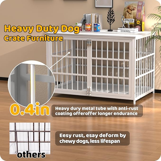 Heavy Duty Dog Crate Furniture – Indestructible Furniture Style Dog Kennel with Wooden Table Top, Escape-Proof Crate for High Anxiety Dogs, Decorative Indoor Pet House with Double Doors & Secure Locks