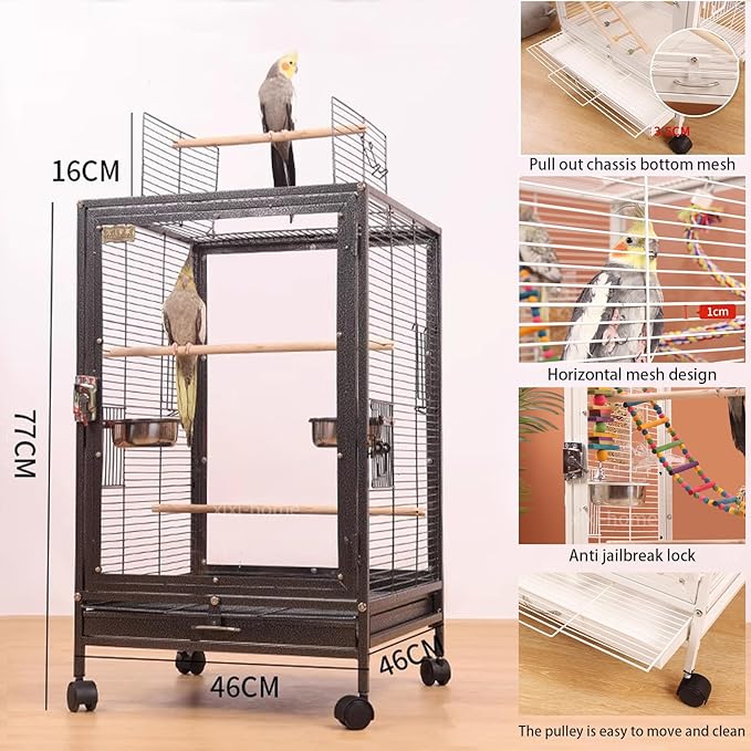 xixi-home Clear Parrot Cage,Metal Bird Cage Ornamental Cage -with Play Top and Wheel,Large Bird Cage Flying Birdcage for Outdoors (Type B - White)