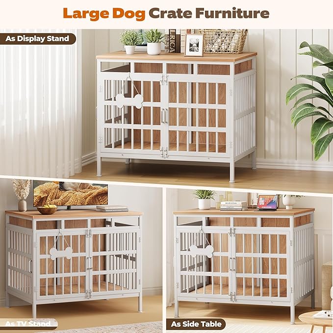 Large Dog Crate Furniture, Wooden Dog Kennel Furniture for Medium Large Dogs, Double-Doors Sturdy Metal Dog Cage for Anxiety Dog, Anti Escape Wooden Cage with Name Tag End Table, TV Stand Beige