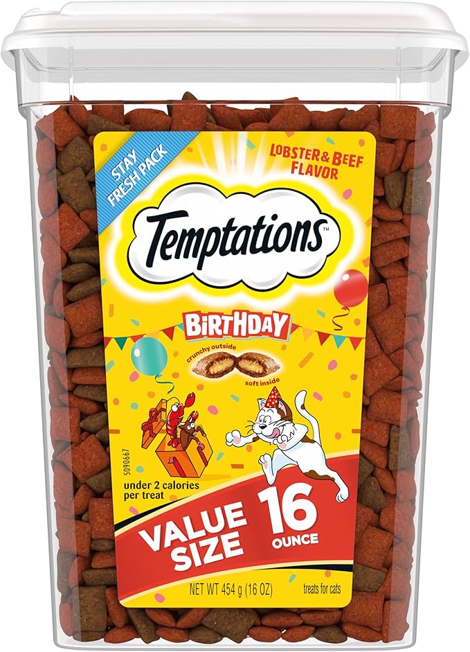 Temptations Birthday Cat Treats, Crunchy and Soft Cat Treats, Lobster & Beef Flavor, 16 oz. Tub
