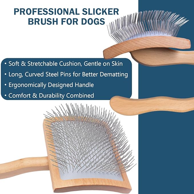 Slicker Brush for Dogs, Professional Dog Grooming Brush for Golden Doodle & Poodle - Deshedding Dog Brush for Medium or Long Haired Dogs, Remove Tangles, Knots and Mats (4PCS, Wooden, Large)