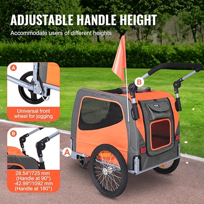 VEVOR Dog Bike Trailer, Supports up to 66/88/100 lbs, 2-in-1 Pet Stroller Cart Bicycle Carrier, Easy Folding Cart Frame with Quick Release Wheels, Universal Bicycle Coupler, Reflectors, Flag