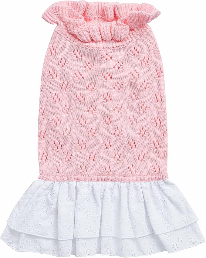 Blueberry Pet My Cutie Princess Ruffle Collar Dog Sweater Dress with Guipure Lace, Pink, Back Length 10", Fall Winter Clothes for Girl Dogs