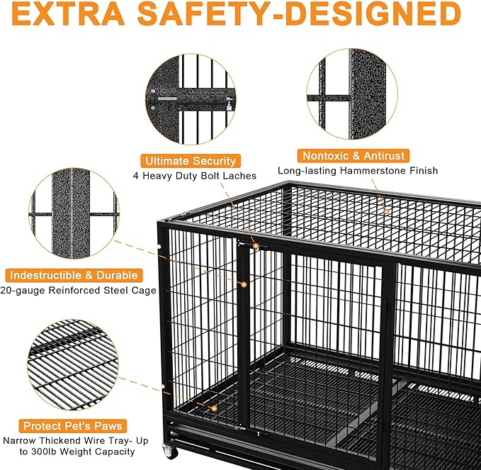 38 inch Heavy Duty Wire Dog Crate Cage Kennel for Large Dogs, High Anxiety Dog Crate with Removable Crate Trays, Wheels and Double Door, Extra Large XL XXL