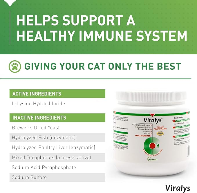 Vetoquinol Viralys Daily L-Lysine Powder for Cats and Kittens, Fish Flavored Lysine Supplement for Cats and Kittens to Support Immune Health, Normal Eye Function and Respiratory Health, 100gm