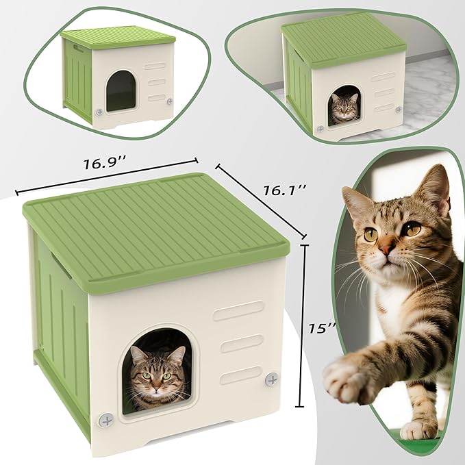Stackable Cat House for Outdoor Indoor Use, Feral Cat Shelter Weatherproof Waterproof Elevated (Medium)