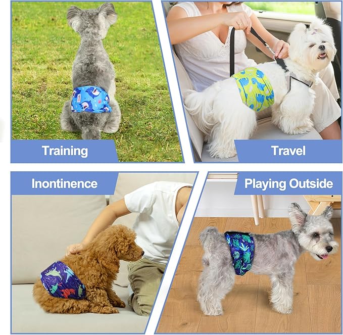 5 Pack Dog Diapers Male Reusable, Premium Belly Bands for Dogs, High Absorbing Male Dog Pee Wraps for Doggie in Incontinence or Excitable Urination Dinosaur XS