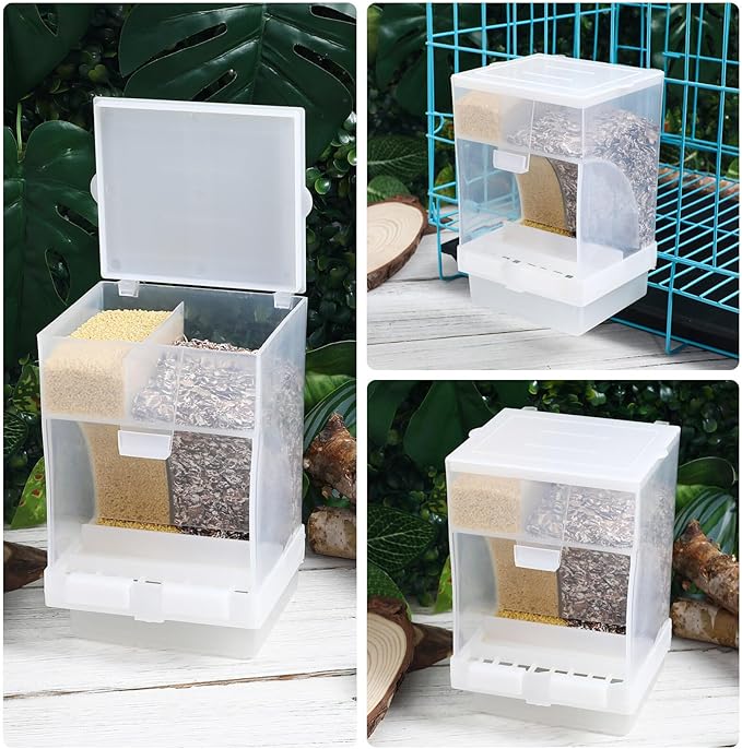 POPETPOP Automatic Bird Feeder for Cage: Parrot Feeder with Spoon No Mess Bird Feeder Transparent Parakeet Feeder Bird Food Dispenser for Cockatiel Cockatoos, 16.50X10.60X10.00CM