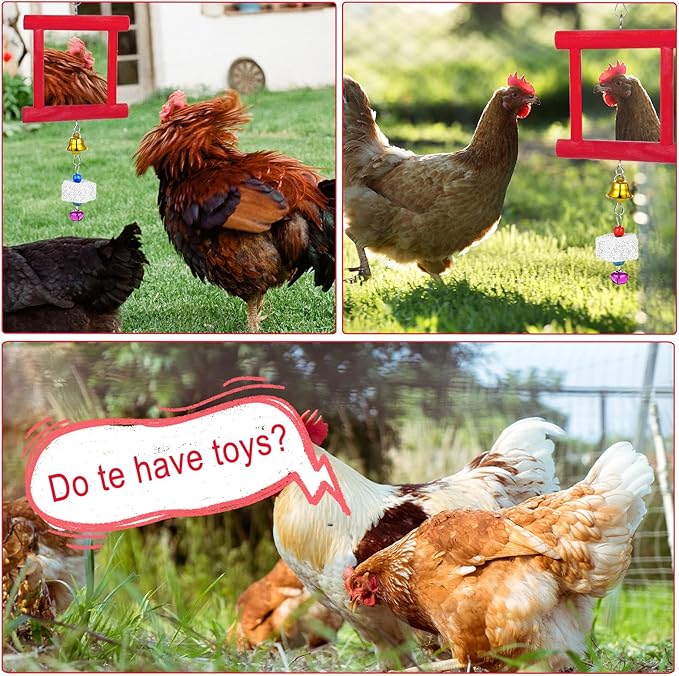 3 Packs Chicken Toys for Coop, Hen Chicken Coop Mirrors Bird Toy with Bells Hanging Parrot Grindstone Bird Beak Stones for Chicks Parrots Birds Hens