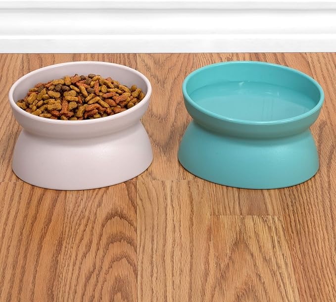 Kitty City Elevated Cat Bowls (Set of 2), Whisker-Friendly Raised Cat Food & Water Dishes, Modern Pedestal Design, Dishwasher Safe, 6.5 oz Each – Teal & Light Pink