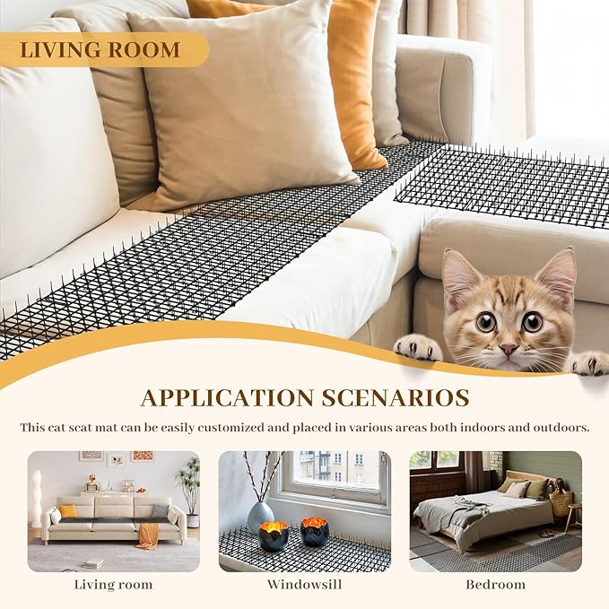 Hmyomina 8.2FT Cat Scat Mat for Cats - Anti-Digging Prickle Strips to Repel Cats, Include 6 Staples, Humane & Easy to Install Outdoor/Indoor Spike Mat