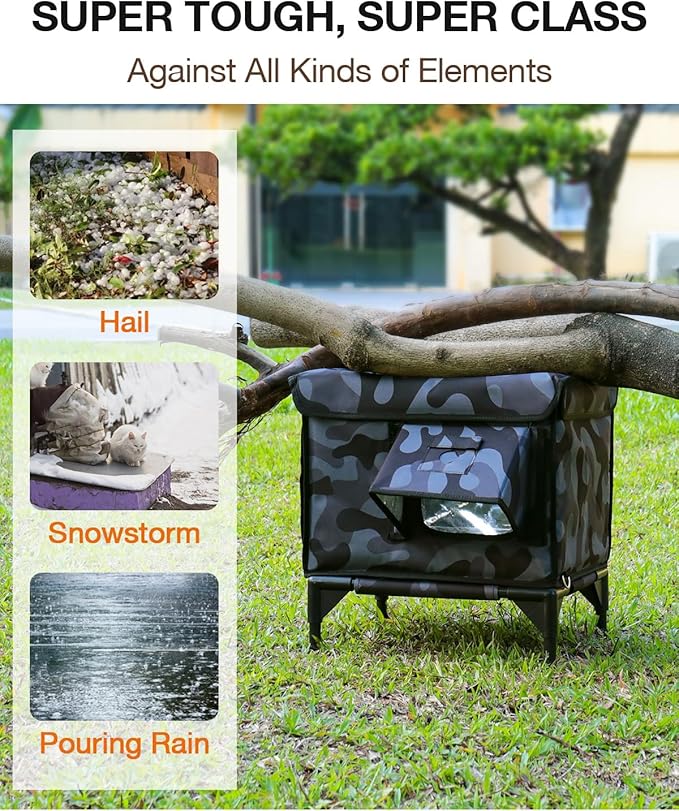 Indestructible Heated Cat House for Outside Winter, 100% Waterproof, Safe Escape Door, Insulated Outdoor Cat Shelter with Heater for Feral Barn Cat Kitty (Black Camouflage, 24"x15"x18")
