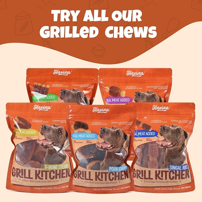 Havira BBQ Dog Treats Single Rib 15 Count, Grill-Shaped Rawhide Free Dog Chews Bone, Easily Digestible, for All Life Stages