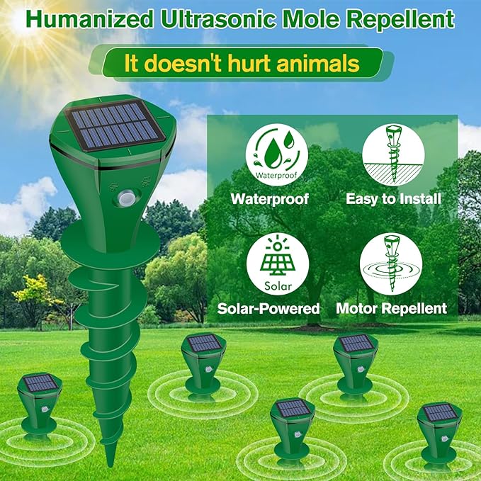 Mole Repellent Solar Powered Ultrasonic,Deer Repellent Devices,Gopher Trap Groundhog Repeller,Sonic Spikes Get Rid of All Pests Vole, Chipmunk,Cat,Skunk,Snake,Mole Trap for Lawn, Garden Yard (6P)