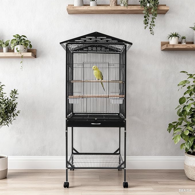 18x18x49 in Iron Flight Bird Cage, Freestanding Parakeet Bird Cage, Pigeons Parrot Birdcage, Large Parakeets Cage with 4 Universal Wheels, 3 Wooden Stands, 2* Feeding Cups and Slide-Out Tray (Black)