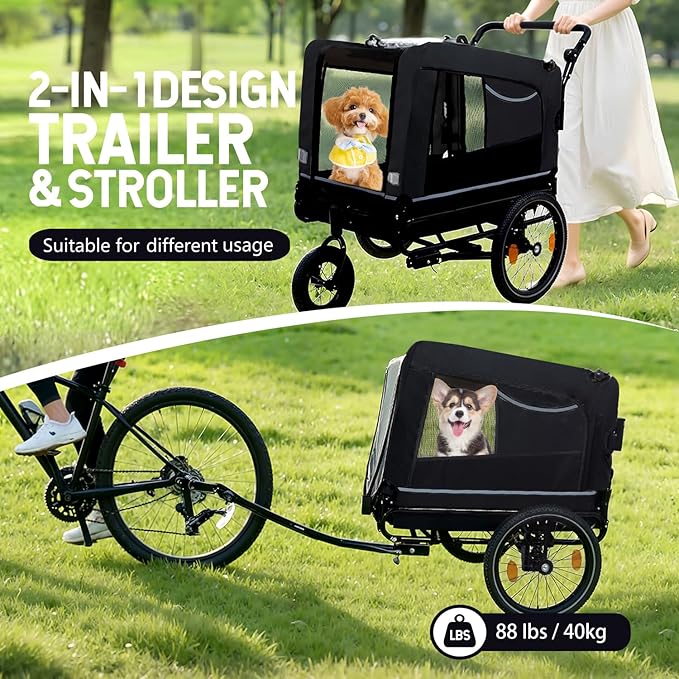 Extra Large Dog Bike Trailer, 2-in-1 Convertible Pet Stroller Cart Bicycle Carrier with Swivel Wheels & Universal Hitch, Foldable Pet/Cargo Carrier for Bicycles Camping Hiking