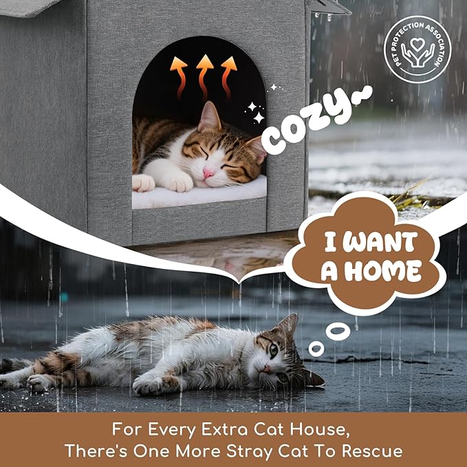 Outdoor Cat House Weatherproof, Insulated Cat Dog Houses for Outdoor/Indoor Cats for Winter, Waterproof Feral Stray Cat Shelter with Warm Cushion for All Seasons, Easy to Assemble, Grey