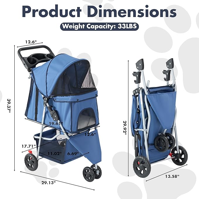 DUMOS 3 Wheels Pet Stroller for Small Dogs and Cats – Foldable Dog Stroller with Mesh Windows, Storage Basket & Cup Holder, Lightweight & Durable Pet Carrier for Travel, Outdoor Use – Blue